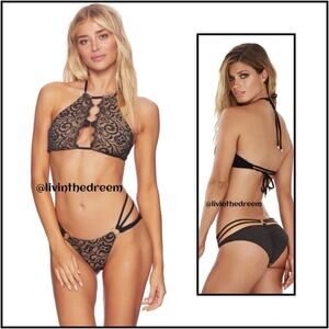 Beach Bunny Gunpowder and Lace High Neck bikini top L & Skimpy Bottoms M $289